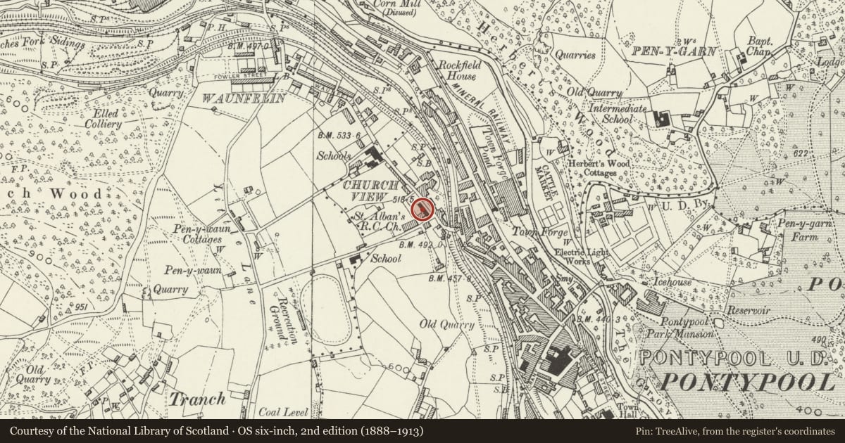 Ordnance Survey six-inch map, 2nd edition (1888–1913) covering the location of Catholic Church of St Alban, Pontymoile, Torfaen, with a pin at the register's coordinates