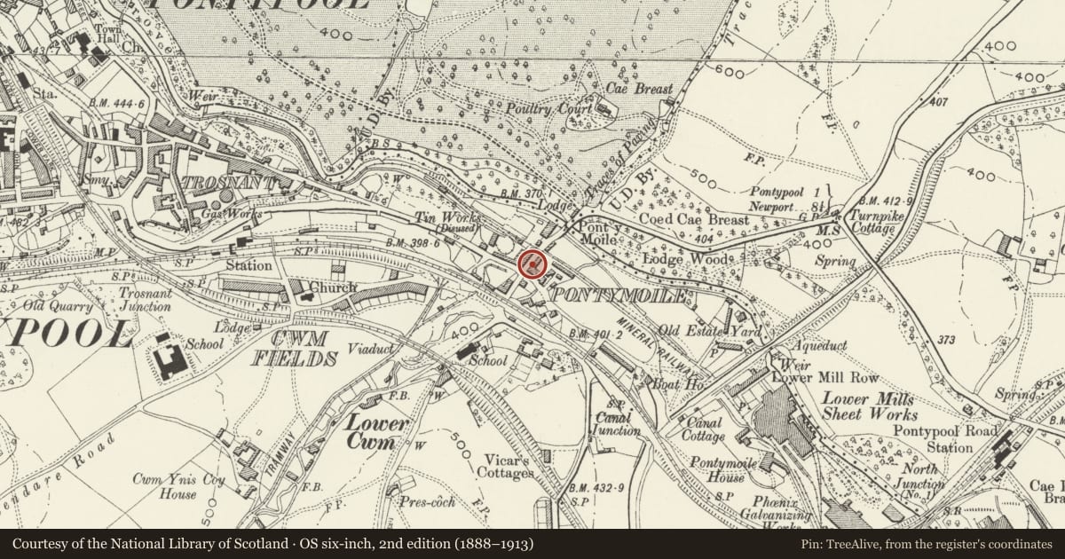 Ordnance Survey six-inch map, 2nd edition (1888–1913) covering the location of 64 Rockhill Road, Pontymoile, Torfaen, with a pin at the register's coordinates