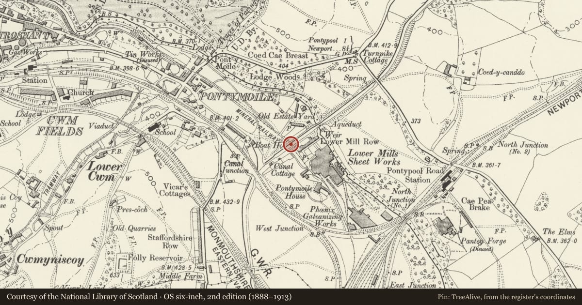 Ordnance Survey six-inch map, 2nd edition (1888–1913) covering the location of Tramroad and leat tunnels, Monmouthshire and Brecon Canal, Pontymoile, Torfaen, with a pin at the register's coordinates