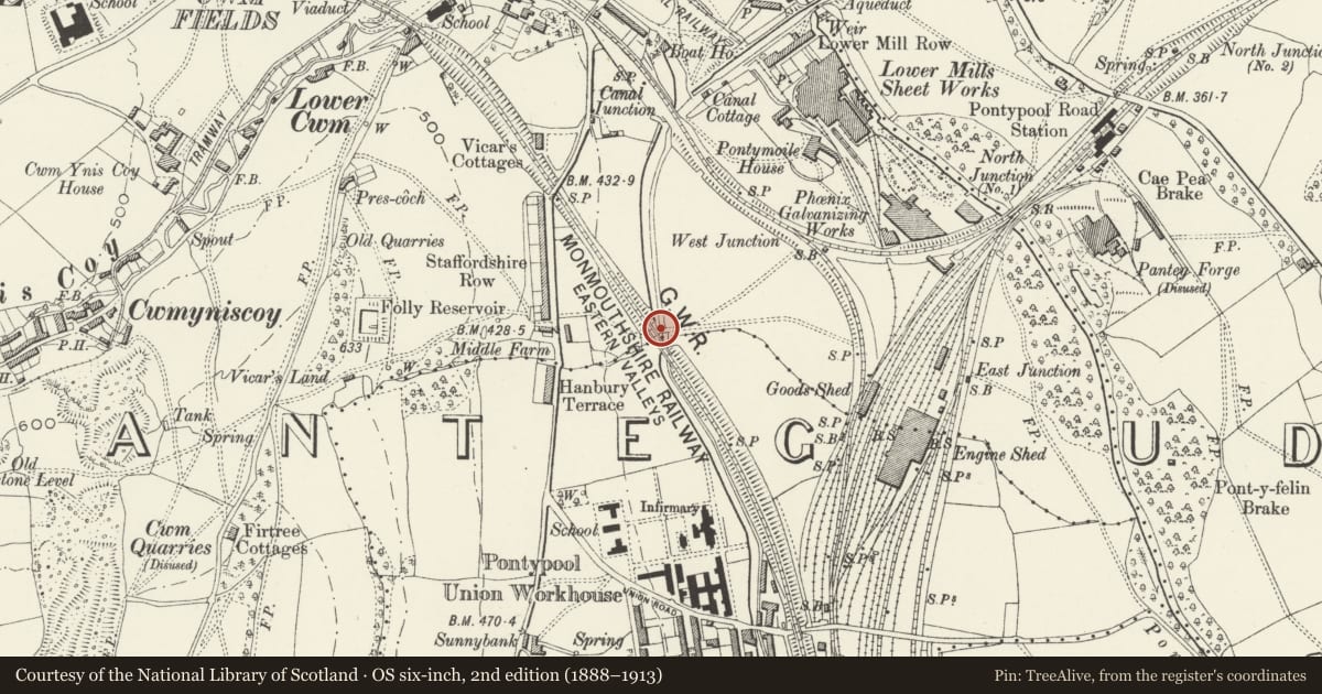 Ordnance Survey six-inch map, 2nd edition (1888–1913) covering the location of Canal Bridge at Coed-y-Gric, Pontymoile, Torfaen, with a pin at the register's coordinates