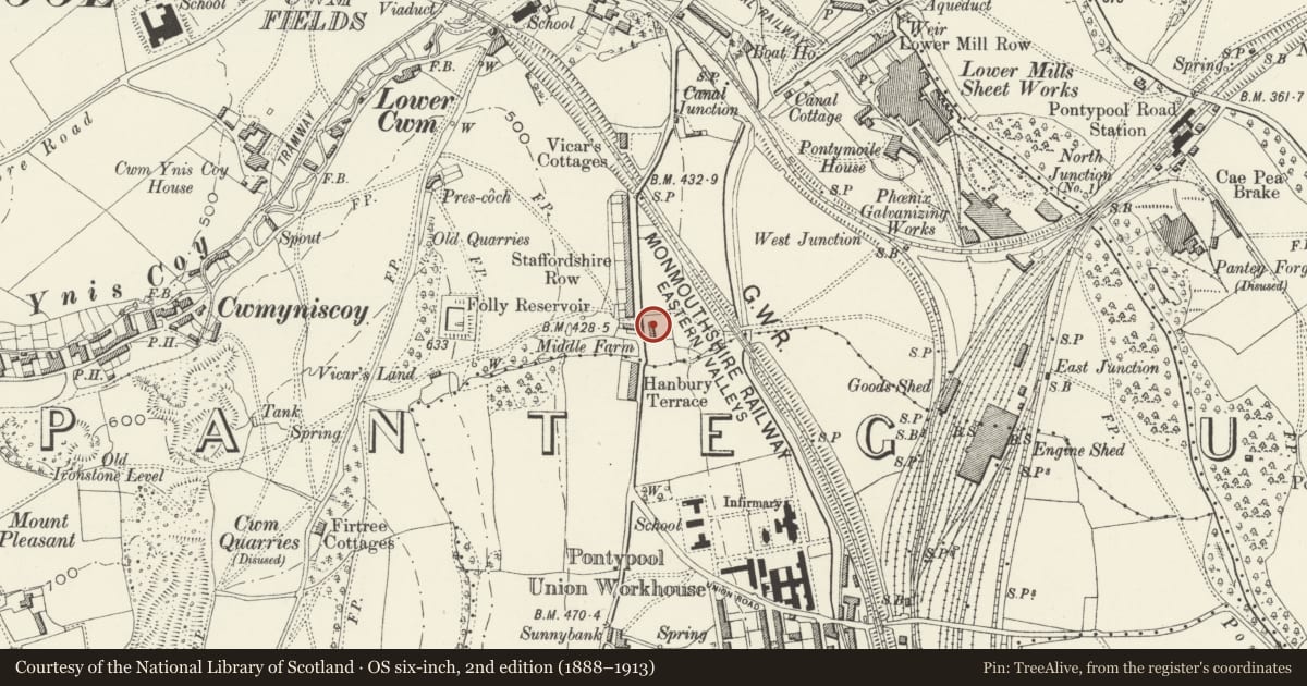 Ordnance Survey six-inch map, 2nd edition (1888–1913) covering the location of Middle Farmhouse, Pontymoile, Torfaen, with a pin at the register's coordinates