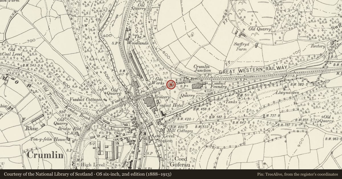 Ordnance Survey six-inch map, 2nd edition (1888–1913) covering the location of Crumlin Viaduct E Abutment Ebbw Valley, Caerphilly, with a pin at the register's coordinates