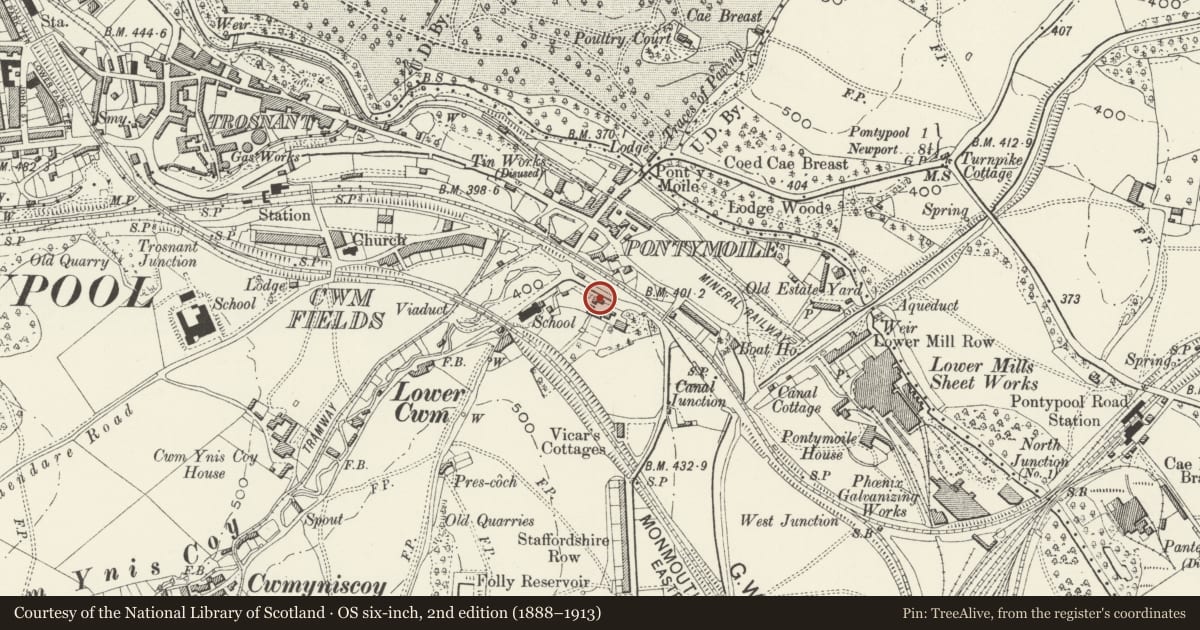 Ordnance Survey six-inch map, 2nd edition (1888–1913) covering the location of Coach-house in Pontypool Park estate yard, Pontymoile, Torfaen, with a pin at the register's coordinates