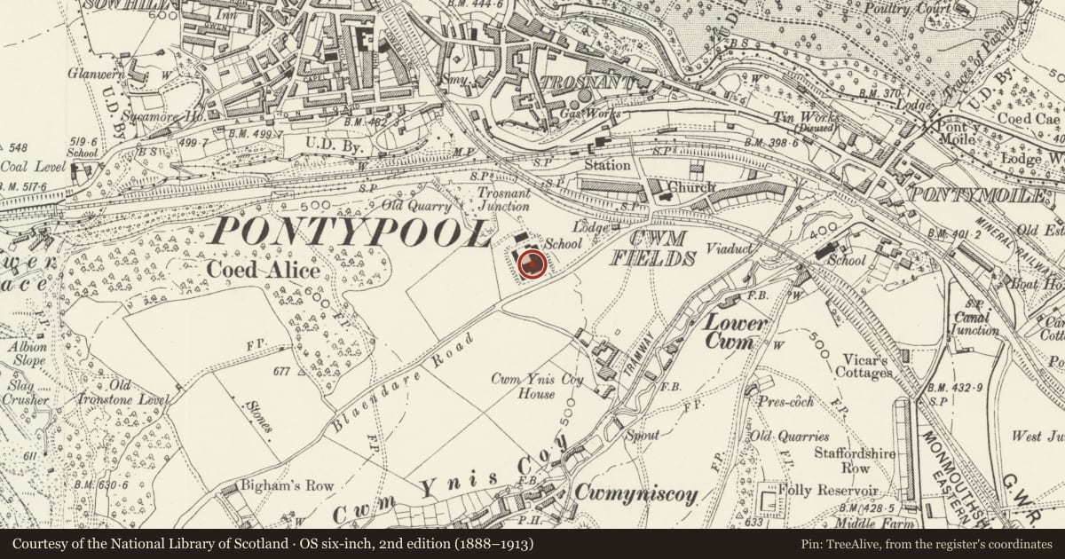 Ordnance Survey six-inch map, 2nd edition (1888–1913) covering the location of West Monmouth School, Pontymoile, Torfaen, with a pin at the register's coordinates