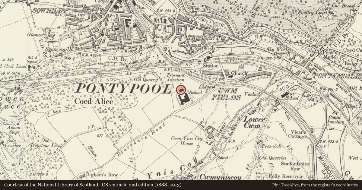 Ordnance Survey six-inch map, 2nd edition (1888–1913) covering the location of Swimming Pool and Gymnasium at West Monmouth School, Pontymoile, Torfaen, with a pin at the register's coordinates