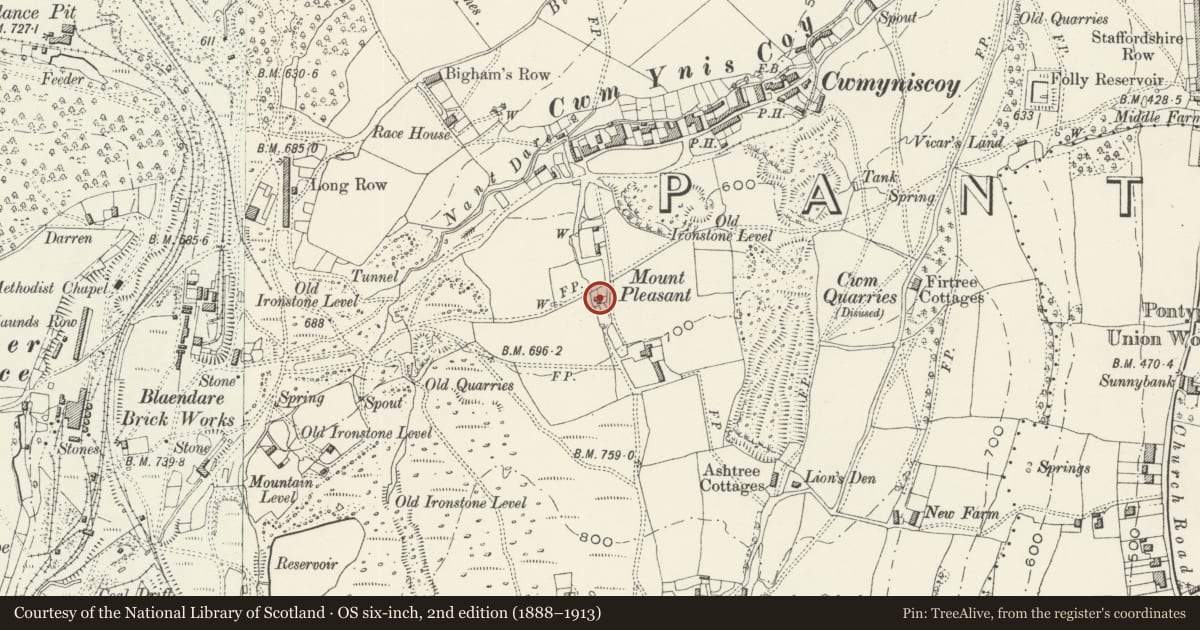 Ordnance Survey six-inch map, 2nd edition (1888–1913) covering the location of The Mount, Pontymoile, Torfaen, with a pin at the register's coordinates