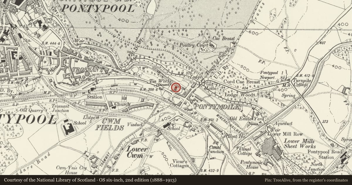 Ordnance Survey six-inch map, 2nd edition (1888–1913) covering the location of Warehouse of R J Bullen, Pontymoile, Torfaen, with a pin at the register's coordinates