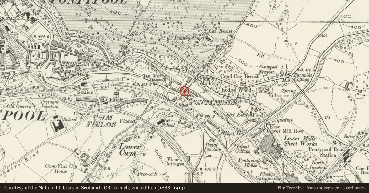 Ordnance Survey six-inch map, 2nd edition (1888–1913) covering the location of 66 Rockhill Road, Pontymoile, Torfaen, with a pin at the register's coordinates