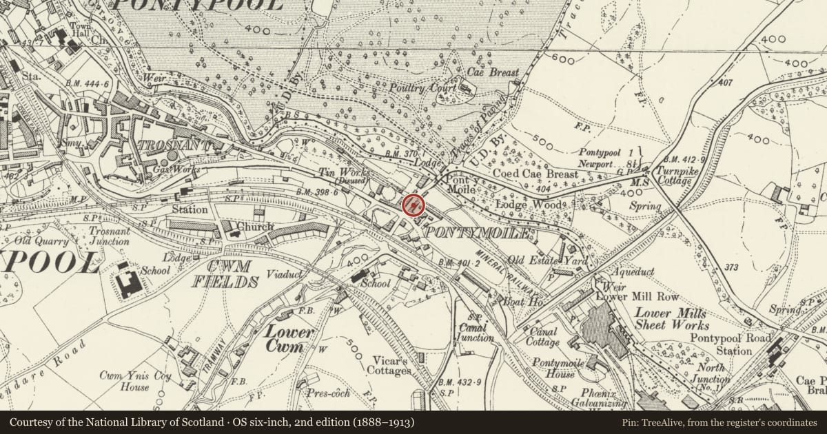 Ordnance Survey six-inch map, 2nd edition (1888–1913) covering the location of 68 Rockhill Road, Pontymoile, Torfaen, with a pin at the register's coordinates