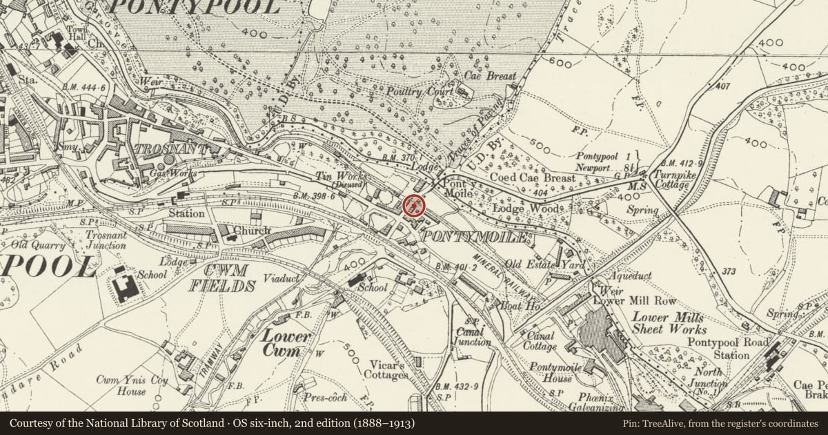 Ordnance Survey six-inch map, 2nd edition (1888–1913) covering the location of 72 Rockhill Road, Pontymoile, Torfaen, with a pin at the register's coordinates