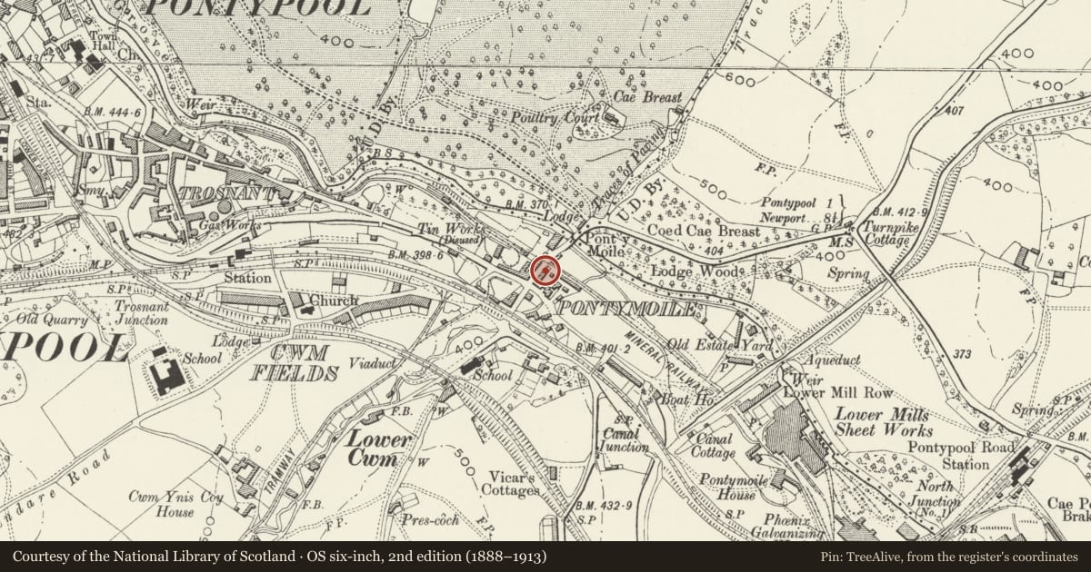 Ordnance Survey six-inch map, 2nd edition (1888–1913) covering the location of 70 Rockhill Road, Pontymoile, Torfaen, with a pin at the register's coordinates