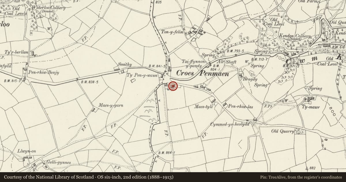 Ordnance Survey six-inch map, 2nd edition (1888–1913) covering the location of Former Barn at Croespenmaen, Crumlin, Caerphilly, with a pin at the register's coordinates