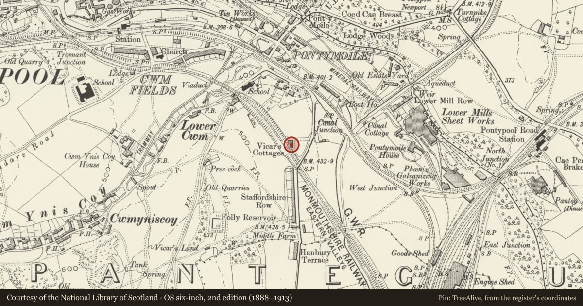 Ordnance Survey six-inch map, 2nd edition (1888–1913) covering the location of 3 Vicar's Cottages, Pontymoile, Torfaen, with a pin at the register's coordinates