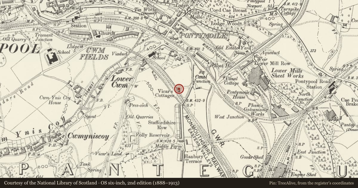 Ordnance Survey six-inch map, 2nd edition (1888–1913) covering the location of 2 Vicar's Cottages, Pontymoile, Torfaen, with a pin at the register's coordinates