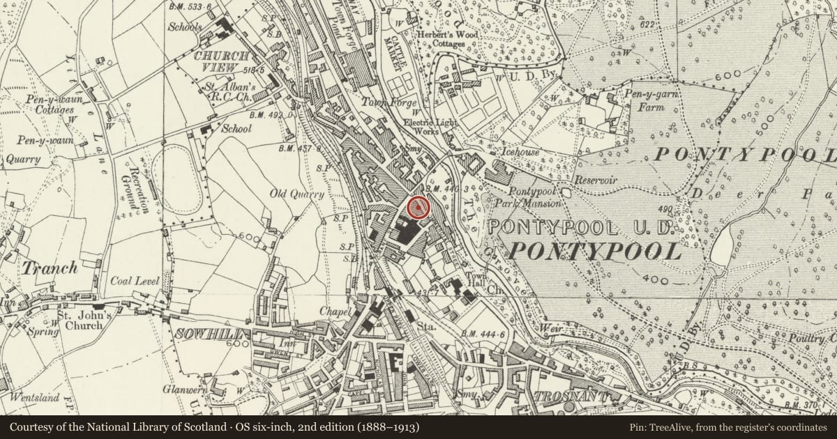 Ordnance Survey six-inch map, 2nd edition (1888–1913) covering the location of 4 Commercial Street, Pontymoile, Torfaen, with a pin at the register's coordinates