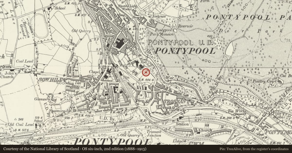Ordnance Survey six-inch map, 2nd edition (1888–1913) covering the location of St James's Vicarage, Pontymoile, Torfaen, with a pin at the register's coordinates
