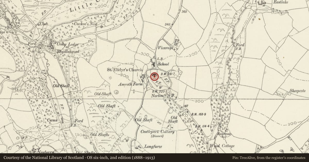 Ordnance Survey six-inch map, 2nd edition (1888–1913) covering the location of St Elidy's Church Cross Base, Amroth, Pembrokeshire, with a pin at the register's coordinates