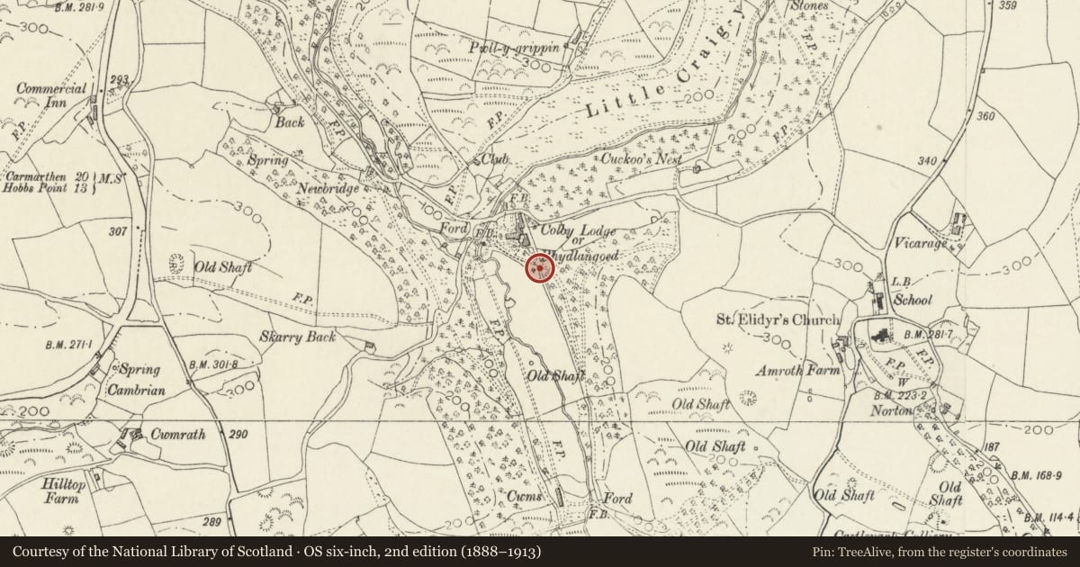 Ordnance Survey six-inch map, 2nd edition (1888–1913) covering the location of Former Sion House Gates (Lower pair), Amroth, Pembrokeshire, with a pin at the register's coordinates
