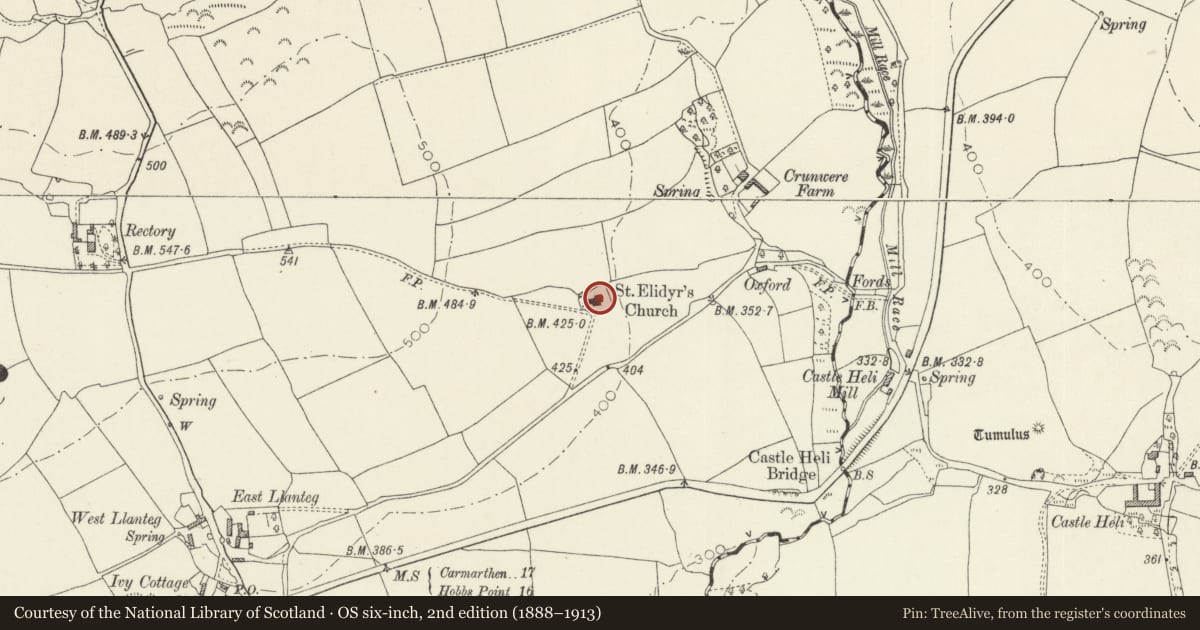 Ordnance Survey six-inch map, 2nd edition (1888–1913) covering the location of St Elidyr's Church, Amroth, Pembrokeshire, with a pin at the register's coordinates