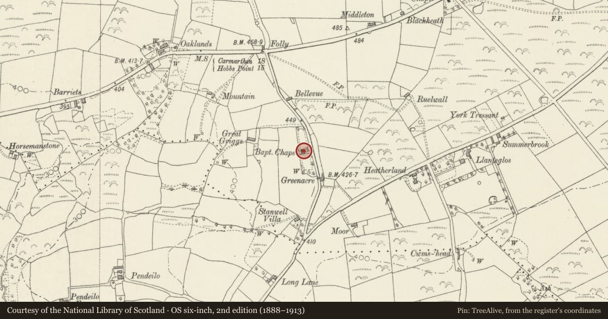 Ordnance Survey six-inch map, 2nd edition (1888–1913) covering the location of Zoar Baptist Chapel, Amroth, Pembrokeshire, with a pin at the register's coordinates