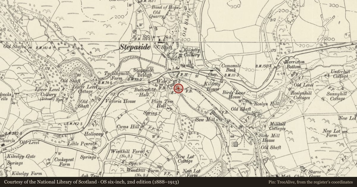 Ordnance Survey six-inch map, 2nd edition (1888–1913) covering the location of Tramway Bridge, Amroth, Pembrokeshire, with a pin at the register's coordinates