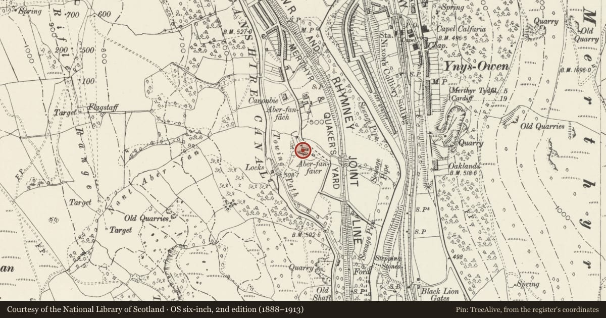 Ordnance Survey six-inch map, 2nd edition (1888–1913) covering the location of Aberfan Fawr Farmhouse, Merthyr Vale, Merthyr Tydfil, with a pin at the register's coordinates