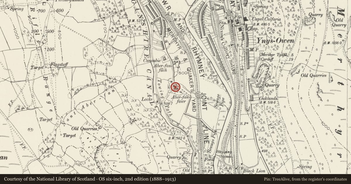 Ordnance Survey six-inch map, 2nd edition (1888–1913) covering the location of Barn Range at Aberfan Fawr Farmhouse, Merthyr Vale, Merthyr Tydfil, with a pin at the register's coordinates
