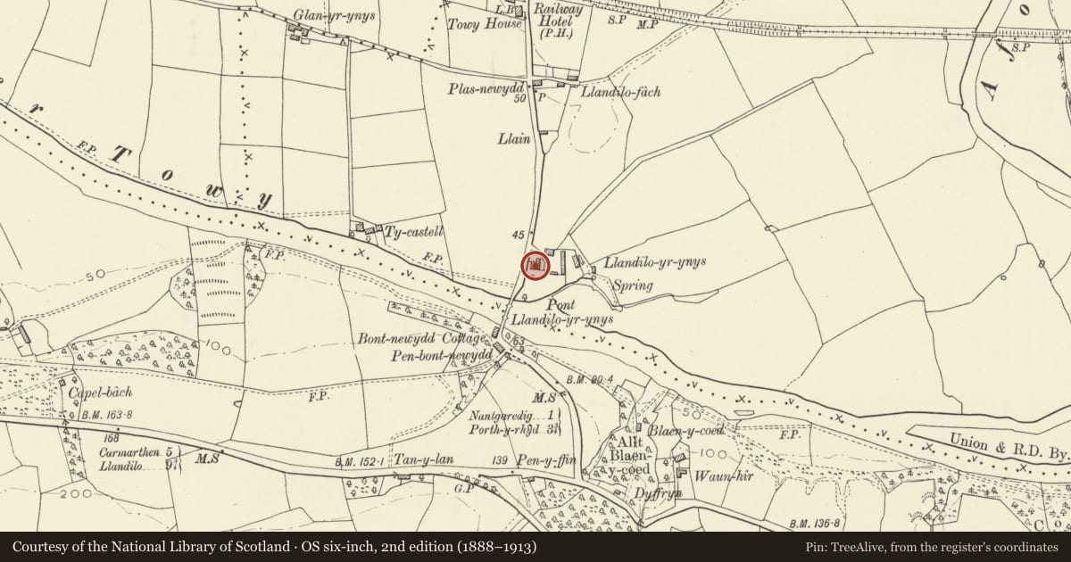 Ordnance Survey six-inch map, 2nd edition (1888–1913) covering the location of Llandeilo-yr-Ynys Farmhouse, Llanegwad, Carmarthenshire, with a pin at the register's coordinates