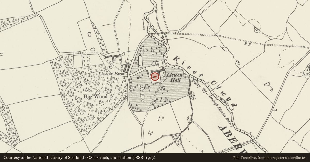 Ordnance Survey six-inch map, 2nd edition (1888–1913) covering the location of Farmyard Range adjacent to south end of Lleweni Hall, Denbigh, Denbighshire, with a pin at the register's coordinates