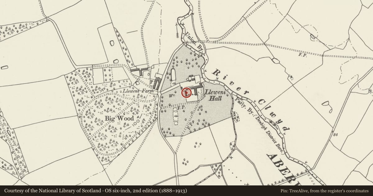 Ordnance Survey six-inch map, 2nd edition (1888–1913) covering the location of Farmyard Range opposite and to west of Lleweni Hall, Denbigh, Denbighshire, with a pin at the register's coordinates