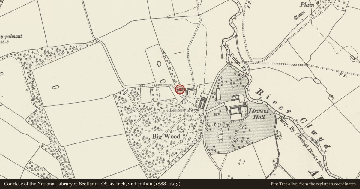 Ordnance Survey six-inch map, 2nd edition (1888–1913) covering the location of Hay-barn at Lleweni Farm, Denbigh, Denbighshire, with a pin at the register's coordinates