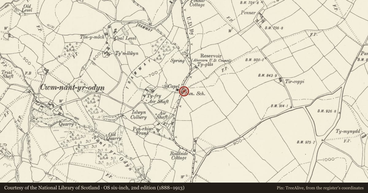 Ordnance Survey six-inch map, 2nd edition (1888–1913) covering the location of Former School Room, New Bethel, and attached wall, Newbridge, Caerphilly, with a pin at the register's coordinates