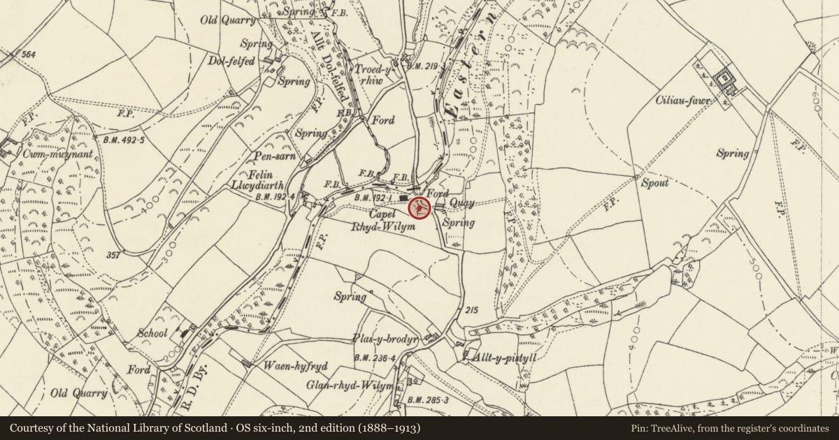 Ordnance Survey six-inch map, 2nd edition (1888–1913) covering the location of Former Chapel House at Rhydwilym Chapel, Clynderwen, Pembrokeshire, with a pin at the register's coordinates