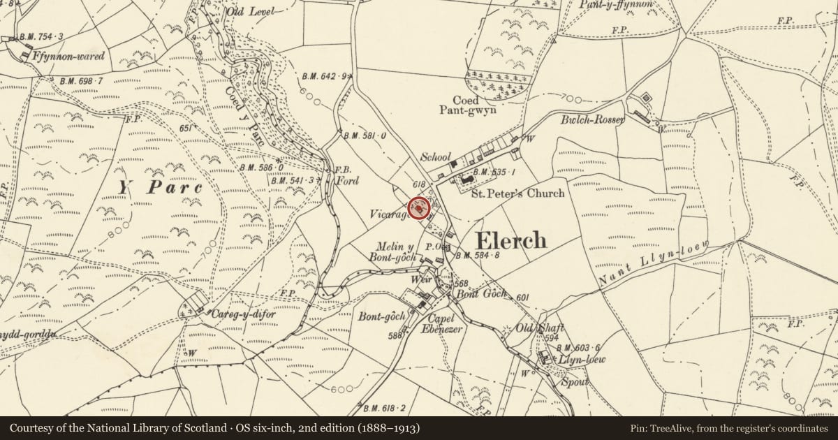 Ordnance Survey six-inch map, 2nd edition (1888–1913) covering the location of The Old Vicarage, Ceulanamaesmawr, Ceredigion, with a pin at the register's coordinates
