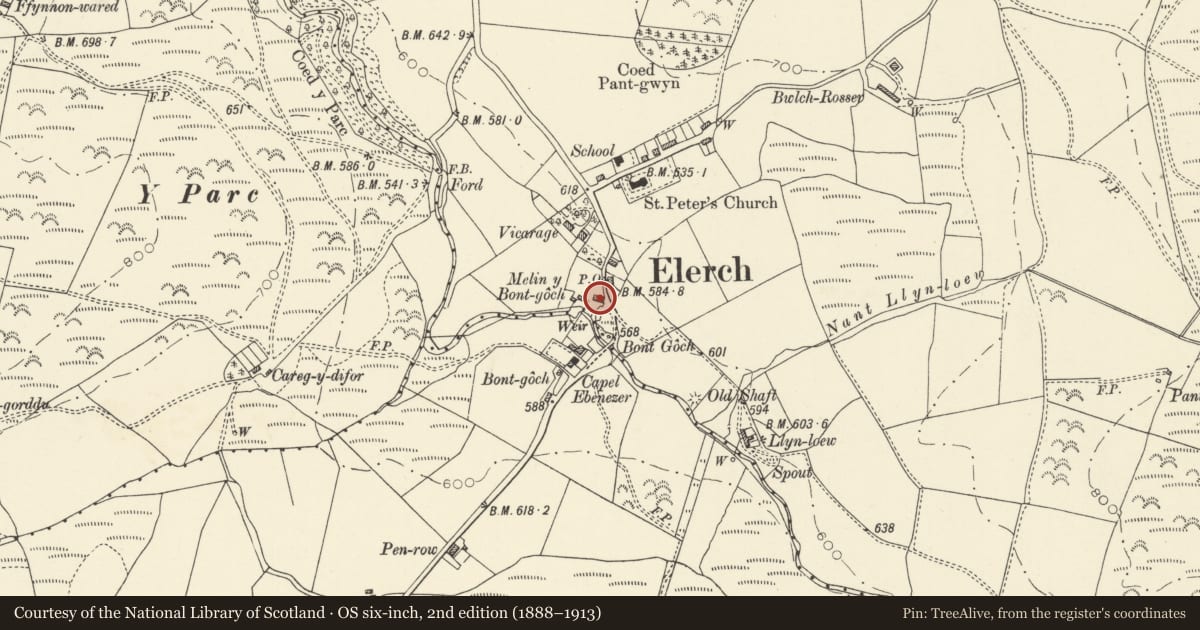 Ordnance Survey six-inch map, 2nd edition (1888–1913) covering the location of Y Felin, Ceulanamaesmawr, Ceredigion, with a pin at the register's coordinates