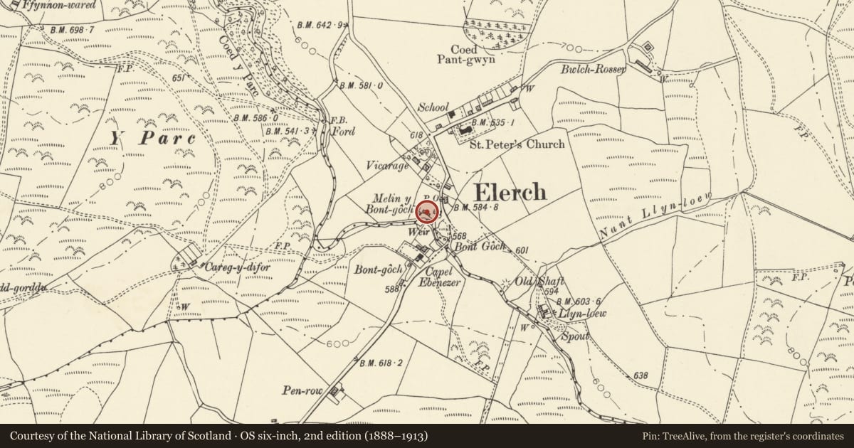 Ordnance Survey six-inch map, 2nd edition (1888–1913) covering the location of Outbuilding at Y Felin, Ceulanamaesmawr, Ceredigion, with a pin at the register's coordinates