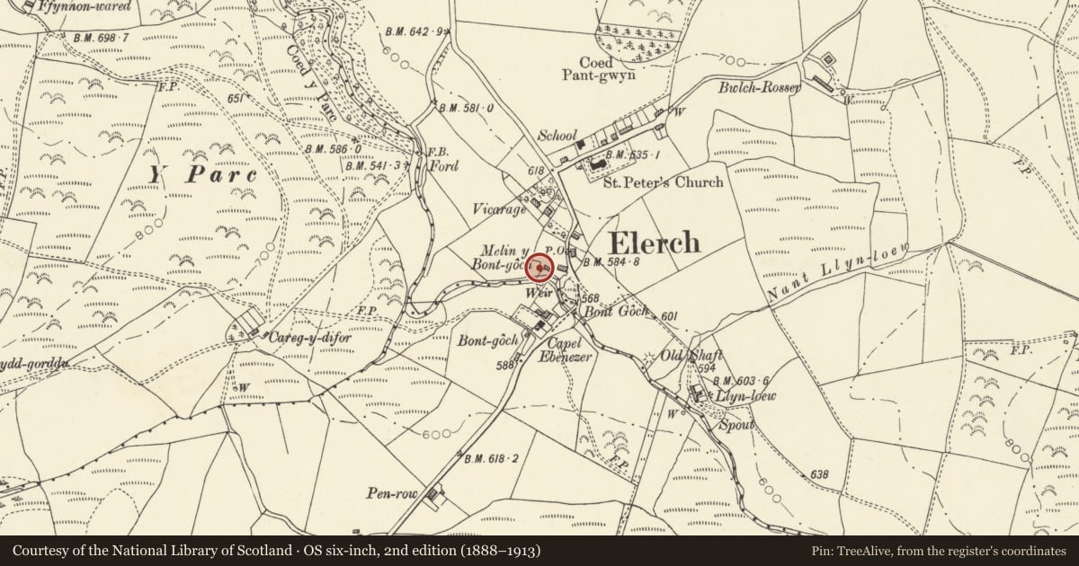 Ordnance Survey six-inch map, 2nd edition (1888–1913) covering the location of Mill at Y Felin, Ceulanamaesmawr, Ceredigion, with a pin at the register's coordinates