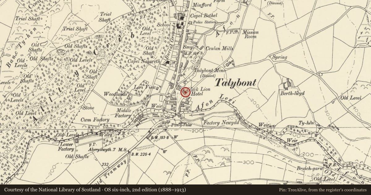 Ordnance Survey six-inch map, 2nd edition (1888–1913) covering the location of The Black Lion Hotel, Ceulanamaesmawr, Ceredigion, with a pin at the register's coordinates