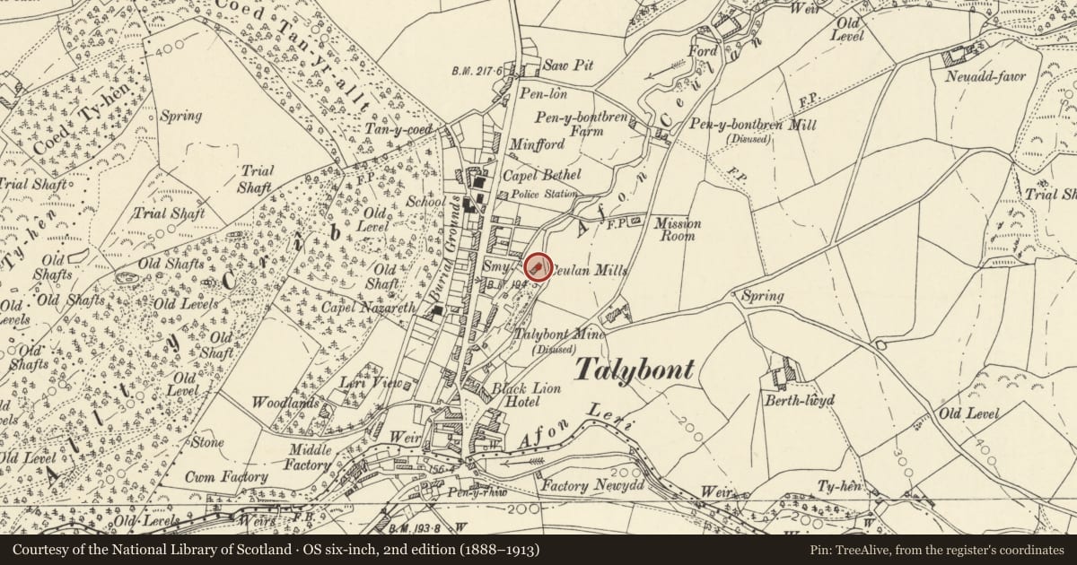 Ordnance Survey six-inch map, 2nd edition (1888–1913) covering the location of Ceulan Mills, Ceulanamaesmawr, Ceredigion, with a pin at the register's coordinates