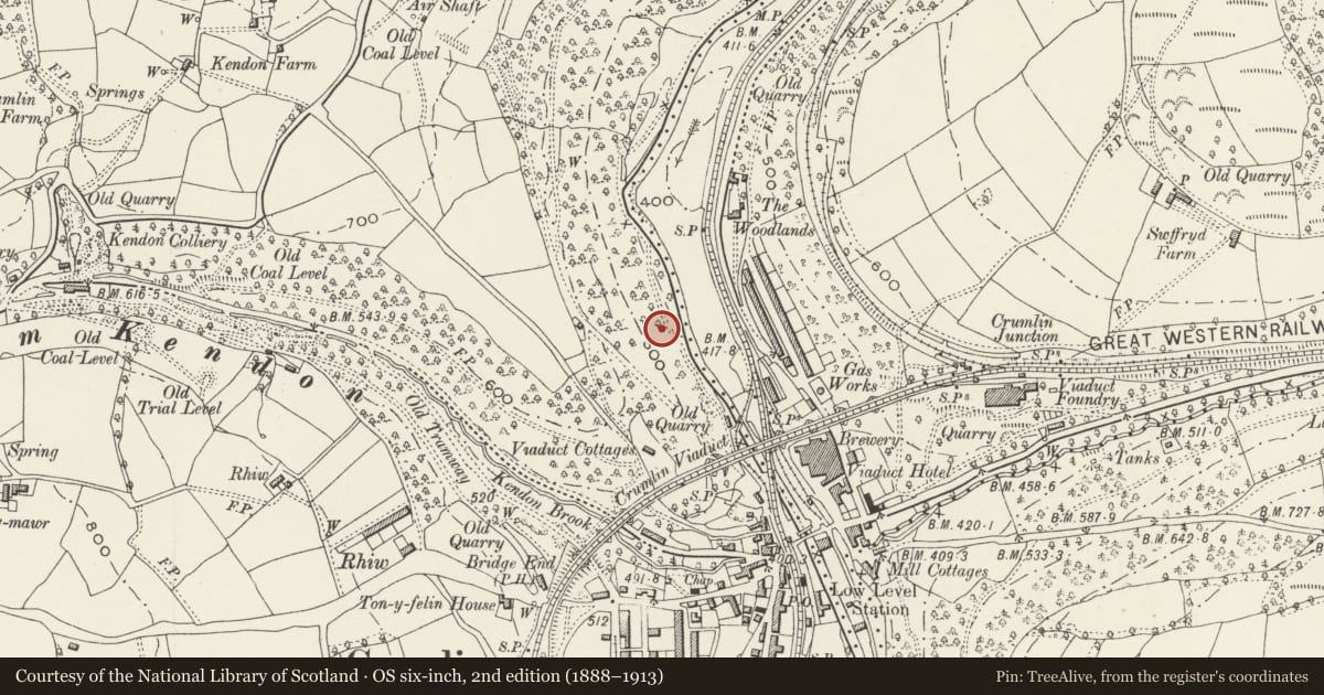 Ordnance Survey six-inch map, 2nd edition (1888–1913) covering the location of Former Navigation Colliery Offices, Crumlin, Caerphilly, with a pin at the register's coordinates
