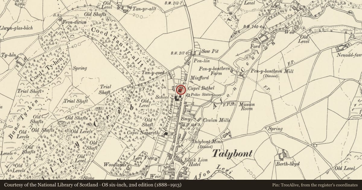 Ordnance Survey six-inch map, 2nd edition (1888–1913) covering the location of Bethel Independent Chapel, Ceulanamaesmawr, Ceredigion, with a pin at the register's coordinates