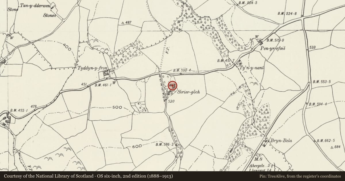 Ordnance Survey six-inch map, 2nd edition (1888–1913) covering the location of Sirior Goch, Llanfair Talhaiarn, Conwy, with a pin at the register's coordinates