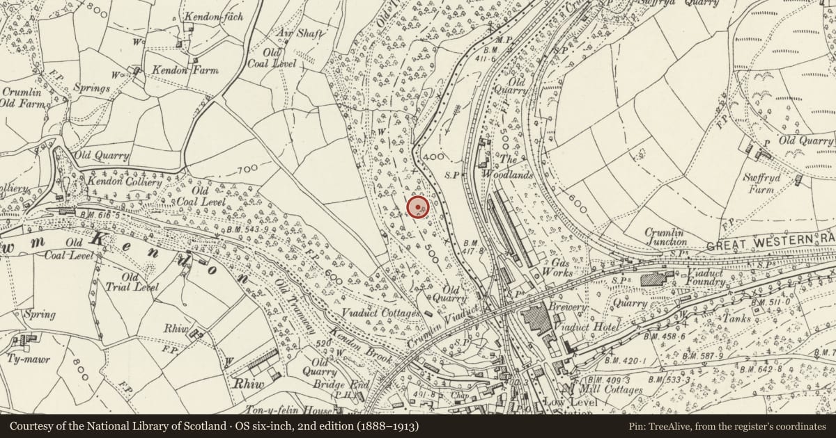 Ordnance Survey six-inch map, 2nd edition (1888–1913) covering the location of Former Navigation Colliery Chimney, Crumlin, Caerphilly, with a pin at the register's coordinates