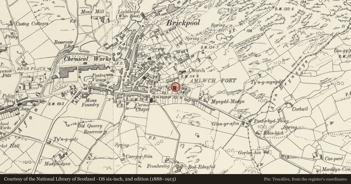 Ordnance Survey six-inch map, 2nd edition (1888–1913) covering the location of Eglwys Bresbyteraidd Cymru, Amlwch, Isle of Anglesey, with a pin at the register's coordinates