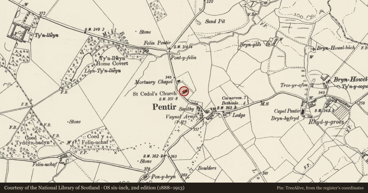 Ordnance Survey six-inch map, 2nd edition (1888–1913) covering the location of Eglwys Sant Cedol, Pentir, Gwynedd, with a pin at the register's coordinates