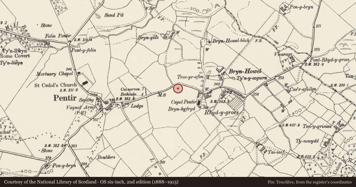 Ordnance Survey six-inch map, 2nd edition (1888–1913) covering the location of Milestone opposite Bryn goleu, Pentir, Gwynedd, with a pin at the register's coordinates