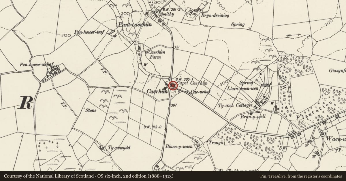 Ordnance Survey six-inch map, 2nd edition (1888–1913) covering the location of Caerhun MC Chapel, Pentir, Gwynedd, with a pin at the register's coordinates