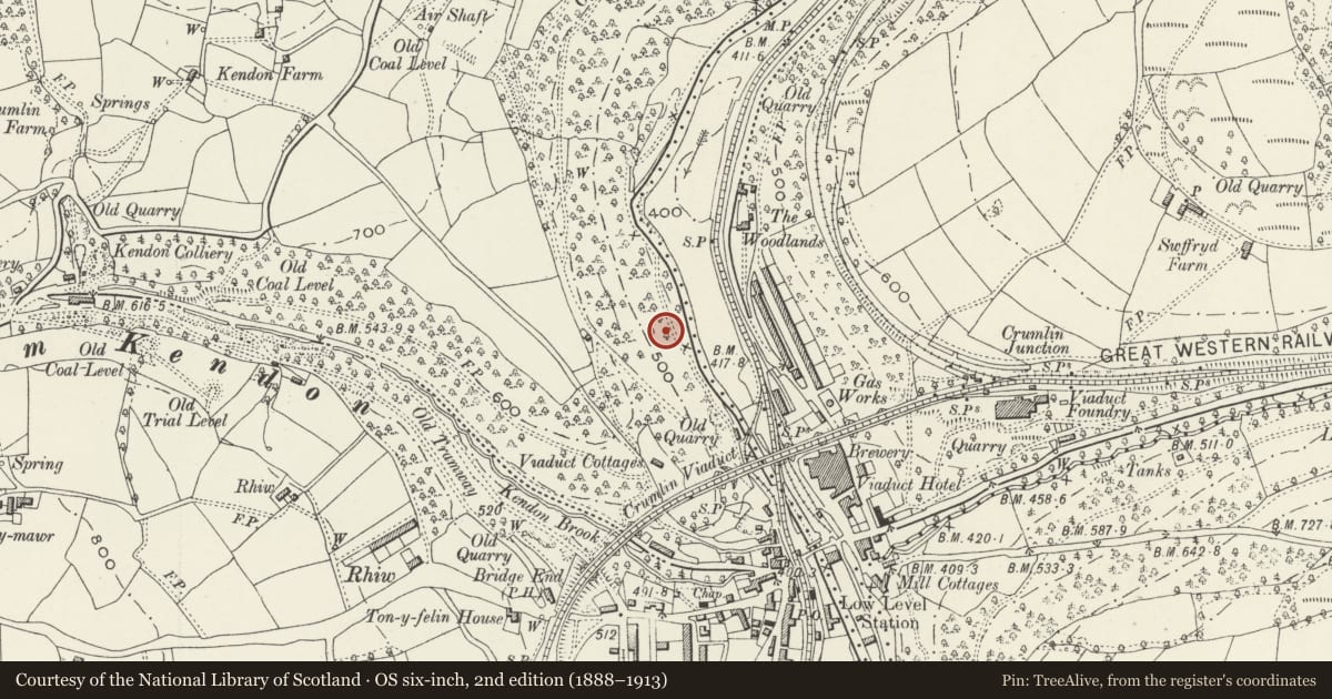 Ordnance Survey six-inch map, 2nd edition (1888–1913) covering the location of Former Navigation Colliery South Winding Engine House, Crumlin, Caerphilly, with a pin at the register's coordinates