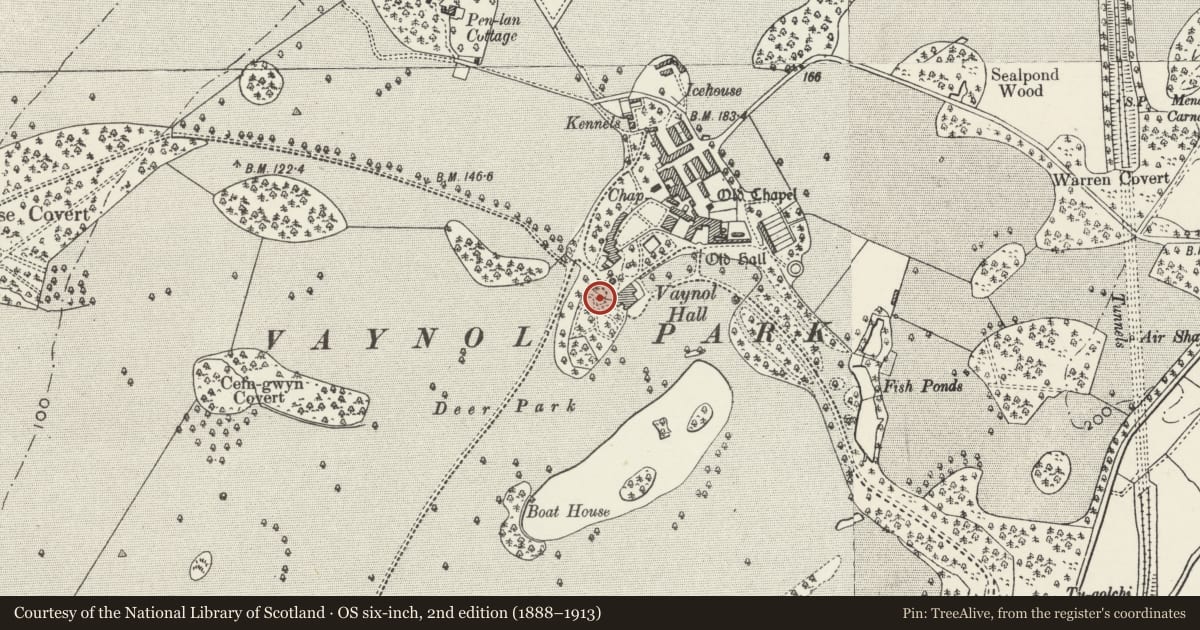 Ordnance Survey six-inch map, 2nd edition (1888–1913) covering the location of Garden seat in SW garden of Vaynol Hall, Pentir, Gwynedd, with a pin at the register's coordinates
