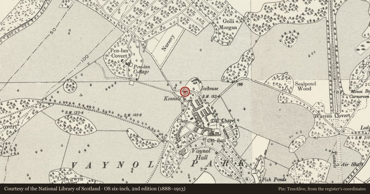 Ordnance Survey six-inch map, 2nd edition (1888–1913) covering the location of Kennels, Pentir, Gwynedd, with a pin at the register's coordinates